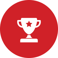 A red and white icon of a trophy with a star on it.